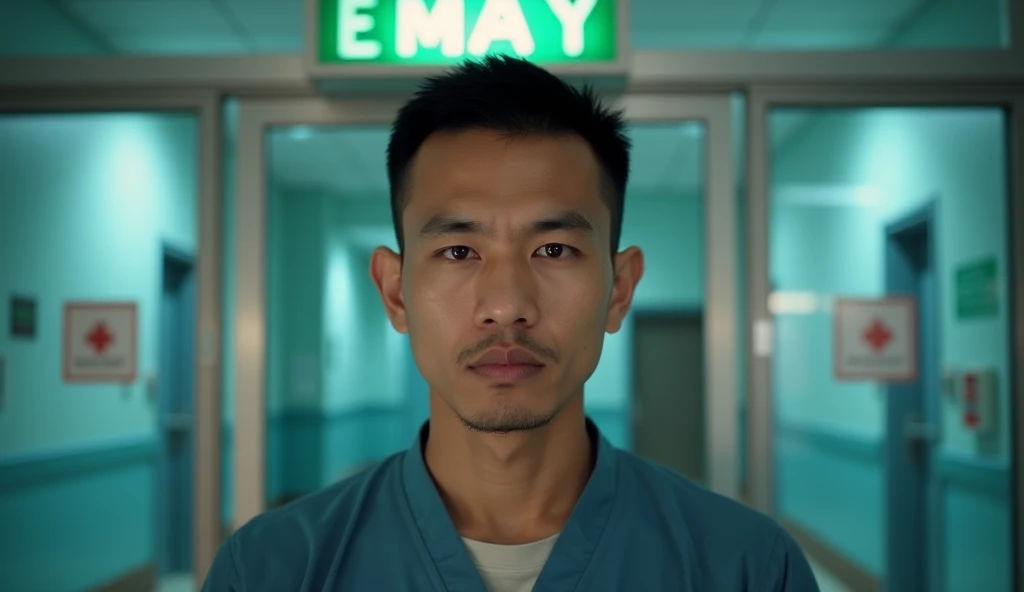 A hyper-realistic portrait of a 35-year-old Indonesian man with a serious demeanor, standing near the entrance of a hospital emergency room. His face is front-facing, emphasizing his defined jawline, short-cropped black hair, and intense, serious gaze. He ...