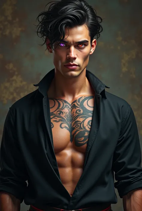 muscular young man with black hair, handsome, You have a purple eye and an orange eye, He has several tattoos, He wears a medieval costume with a shirt