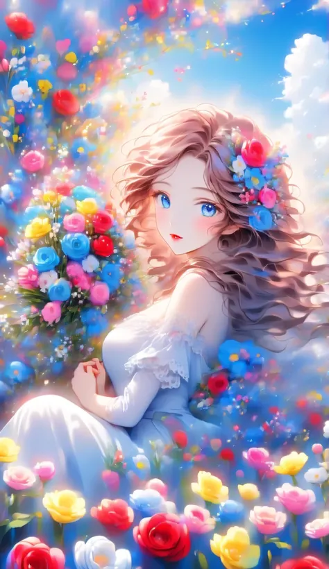 Score 9 Up,Score 8 Up,Score 7 Up,(Best Quality),((Masterpiece)),Anime, "A pretty girl in gorgeous clothing is sitting in a vast flower field. She is holding a colorful bouquet, and in the background is a blue sky with floating white clouds." Blue Eyes Im i...