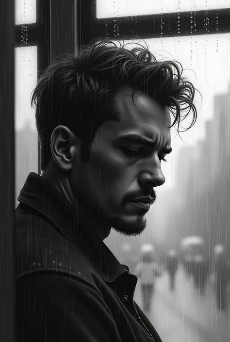  Black pencil-style drawing of a mans face in the window of a bus,  so much rain that you cant see the city , Your eyes are vague and lost 