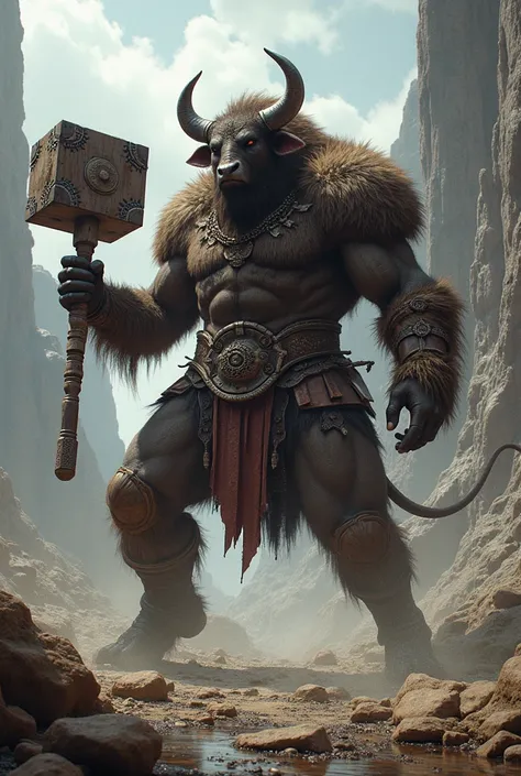  Bison Humanoid , fur coat,  armor , Langhammer ,  fights Kratos, Equal  