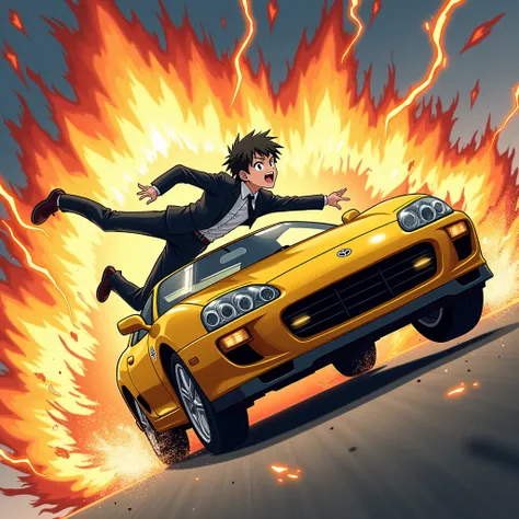 anime, toyota gr supra 2019 yellow, jumping car, smash, explosion, explosive, burning, hell, revenge, thunderstorm, shockwave, lightning, tornado, 1boy, black suit, school uniform, necktie, upper body, belt, black pants, shoes, smile, 