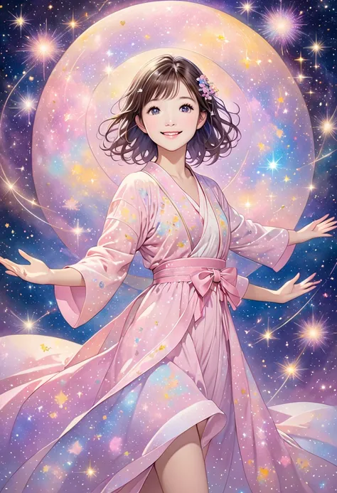 A  girl with brown hair wearing a pale pink negligee spreads straight her arms in a galaxy . She is a japanese girl in her twenties with medium hair and a loving smile . The background surrounds her with a galaxy of sparkling stars and zodiac signs. This i...