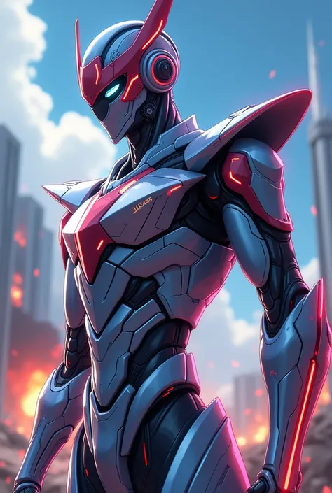 A sleek and dynamic anime-style robot with a humanoid form, blending mechanical precision with a sense of personality and emotion. The robot features a streamlined design, with sharp edges and glowing energy lines running across its metallic frame. Its col...