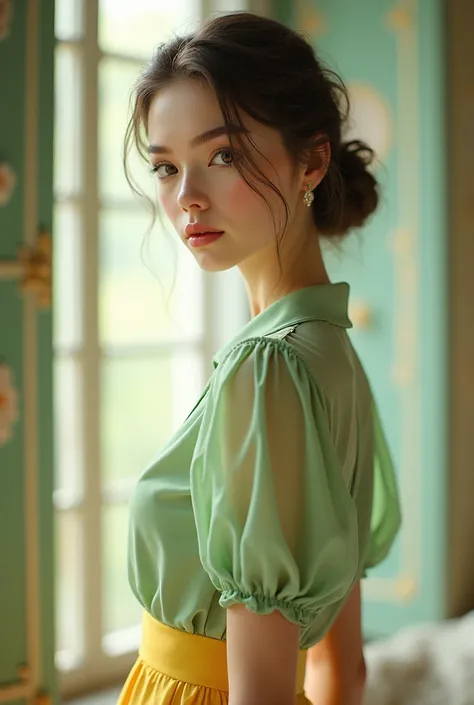 The model is a girl wearing an old dress ,  which is going to be the light green quadrille shirt with light yellow sleeves and the light yellow skirt