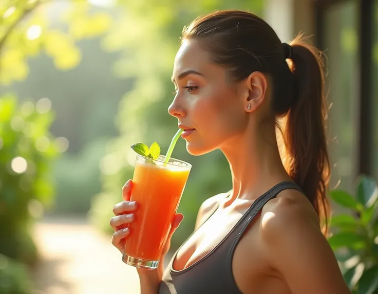 A fitness woman drinking fruit juice