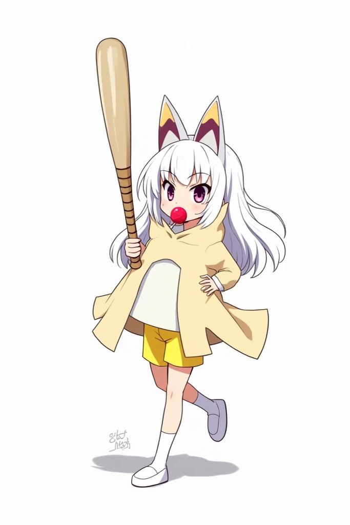  Ayase Seiko from Dandadan with a baseball bat and a house as if covering the tip of her breasts and yellow shorts, White hair and a lollipop in her mouth 