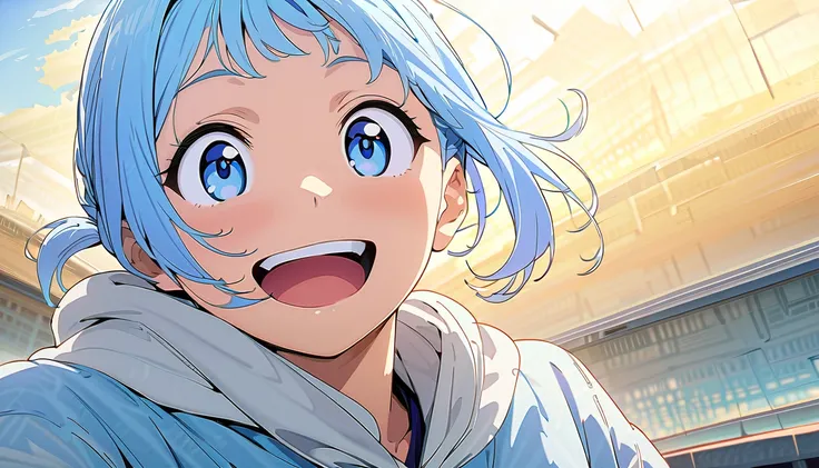 (masterpiece, Highest quality, Official Art:1.2), Looking at the audience, One Girl, alone, (light blue hair, ponytail) and (light blue eyes), wearing a hoodie, Sky Background, Ultra-fine illustrations, highly detailed, Dynamic Angle, beautiful detailed, 8...