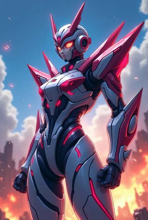 A sleek and dynamic anime-style robot with a humanoid form, blending mechanical precision with a sense of personality and emotion. The robot features a streamlined design, with sharp edges and glowing energy lines running across its metallic frame. Its col...