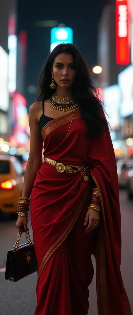 scenario bustling city night on the streets of New york city ,lady foot path walk, tall curvaceous lady wearing silk saree , glass green bangles on wrist and gold bangles , thin mangalsutra necklace is made of gold and has a chain with tiny and small black...