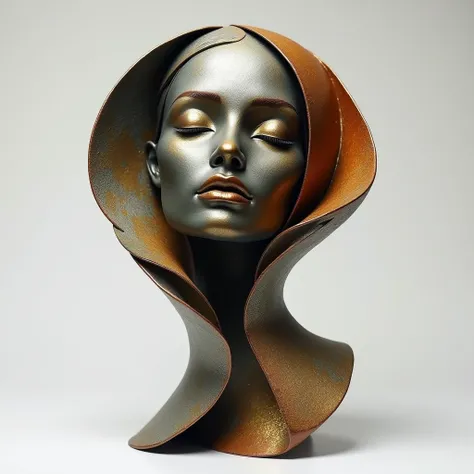 image depicts a striking sculpture of a beaautiful pakistani tribal womans face and upper body. The design is abstract and artistic, with smooth, flowing curves and an almost ribbon-like quality that coils around the structure. The sculpture is made of a m...