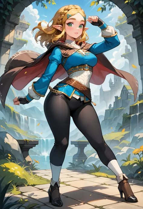 (extremely fine and beautiful:1.1), (perfect details:1.1), (finely detailed eyes and detailed face:1.3), ZeldaSDXL, Princess Zelda, narrow hips, medium breasts, slender thighs, small ears, pointy ears, braid, hair ornament, hairclip, gloves, black gloves, ...