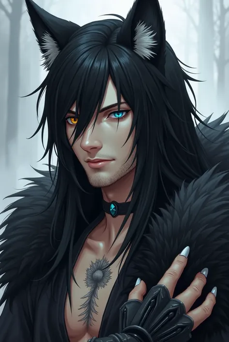 human man,  long black hair,  wolf ears above the hair , strong,  heterochromia with one normal yellow eye and the other normal cyan blue, black tail, Gauntlet with wolf features ,  wolf claw tattoo on the neck 