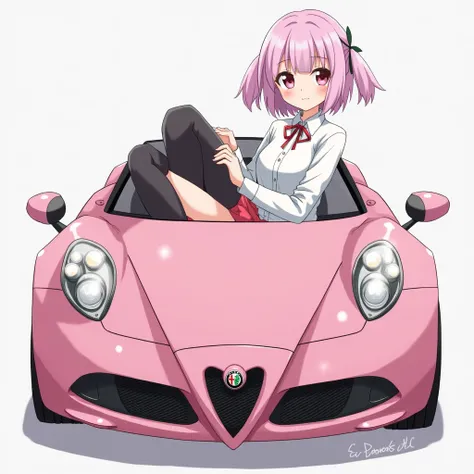 anime, alfa romeo 4c pink, water car, girl, collared white, pink skirt, black leggings, sit toilet, smile, 