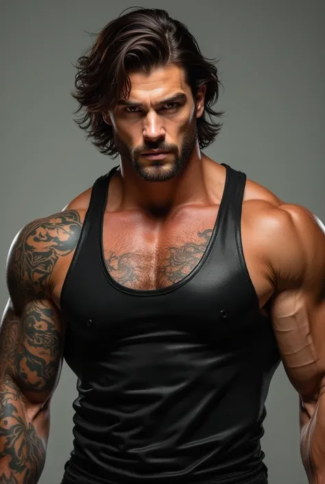 Create an image of a man, with a strong jawline, dark brown wavy hair, a muscular man, with a tattoo on his arms up to his wrist, very dark brown eyes, nao tem barba, wearing a black leather tank top.