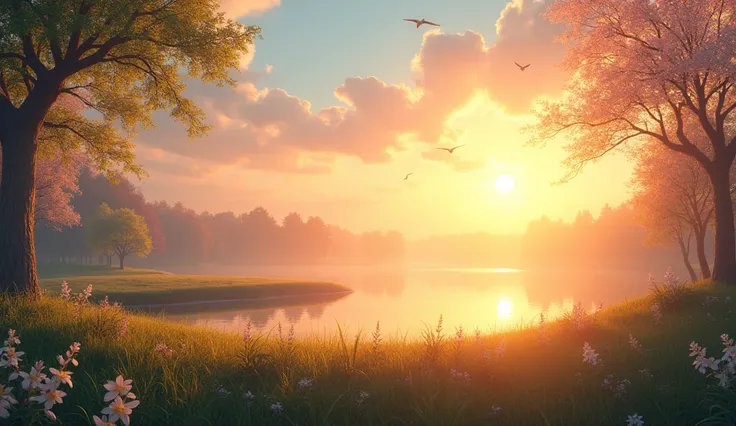 A serene morning scene bathed in soft golden light as the sun rises over the horizon. The sky is painted in hues of orange, pink, and light blue, with wispy clouds slowly drifting by. The air feels fresh and crisp, carrying the faint scent of dew on grass ...