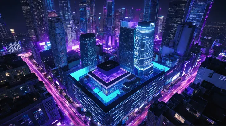 Birds-eye view, city birds-eye view, high rooftop view, city night view, cyber style, full of blue and purple neon lights, skyscrapers, distant skyline, rooftop view, close-up of a building on the right side of the camera, UE5 rendering, 3D rendering, LUME...