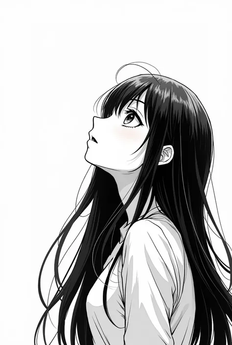 Black and white manga girl with long hair in profile looking up 