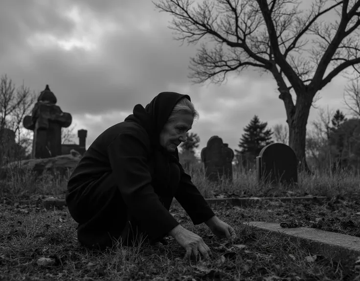 Create a cinematic black-and-white photograph of an elderly Russian woman cleaning a grave in an old, weathered cemetery. She is dressed entirely in black, with a traditional scarf framing her face, crouching low on a cold winter day as dark clouds loom ov...