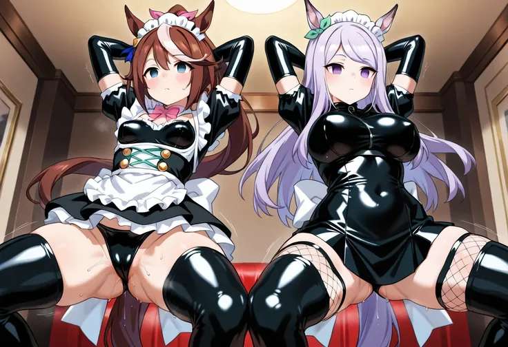 2girls,  tokai teio(Uma Musume), Mejiro McQueen(Uma Musume),  underbust, thighhighs,large breasts,((empty eyes)),Expressionlessn, closed mouth,((latex battle maid)),black underwear, Fishnet stockings,(two breast),no pubic hair ,pussy juice, stand up, sprea...