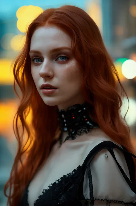 Full body photo of a undclothed 25-year-old European girl, RAW, beautiful woman, (extra long wavy red hair), ((full body shot)), ((detailed face: 1.2)), ((detailed facial featureinely detailed skin), pale skin, highly detailed deep neckline cyberpunk dress...