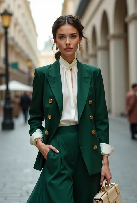 For May’s high-end elegant street fashion, the model wears a chic dark bottle green silk tight short blazer with a sleek, tailored silhouette, designed with a subtle sheen to catch the light. The blazer has a structured, double-breasted front with gold but...