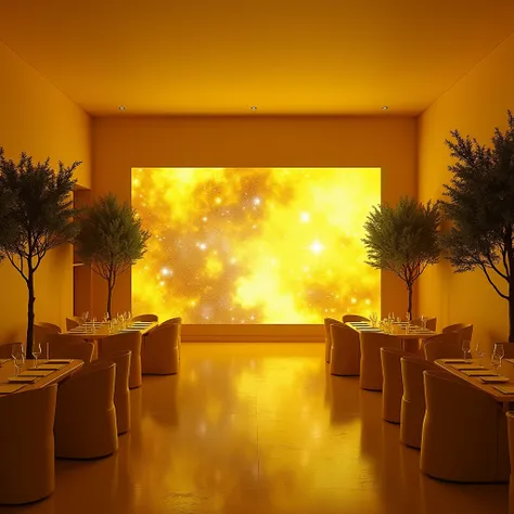  A cosmic projection TV is placed in the luxury room, modern, The main color of the room is yellow.,  details in the room such as tables and chairs ,  trees highlighted the TV 
