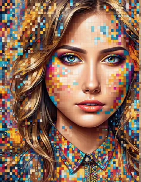 Mosaic of Emojis concept art, a young woman, close-up of her face, wearing a multicolored shirt, . digital art, illustrative, pictorial, matte painting, highly detailed