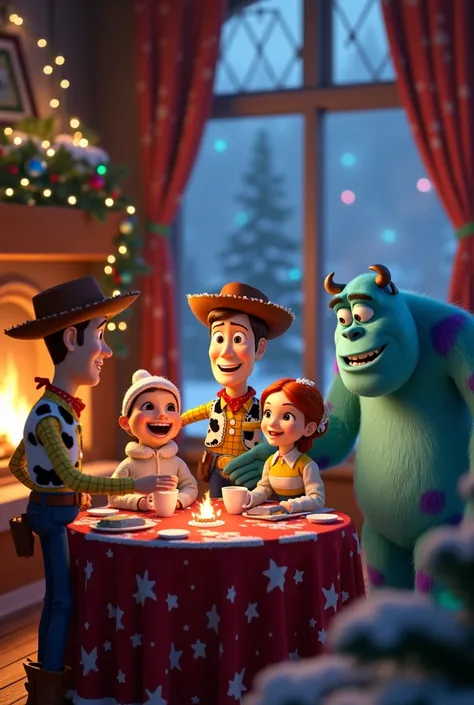 Group of 5 Pixar animation friends at a Christmas inn 