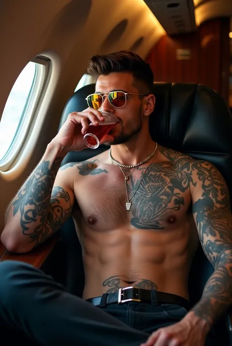  GABRIEL SANTOYO 24 year old muscular blue eyes tattoos dresses with Rayban yellow polarized sunglasses Louis Vittuon Pose+🤘Drinking a king
Dbul with wiski inside a plane yet private black seats with details in Red and a bar included )