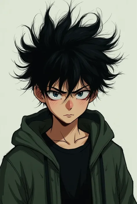 16-year-old boy with spiky, frizzy black hair wearing a black shirt and dark green coat, he seems to be irritated 