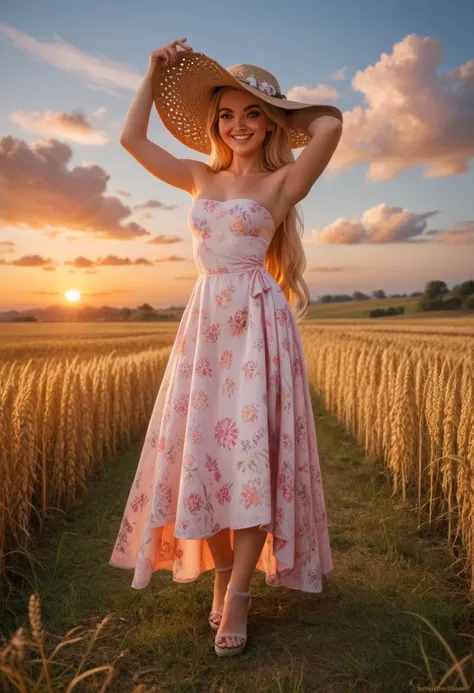  petite teen with very long straight blonde hair and very white pink skin with freckles with honey-colored eyes and an exaggeratedly beautiful face, posing tenderly in a wheat field at sunset with purple clouds ,  mischievous smile (( full body photograph ...