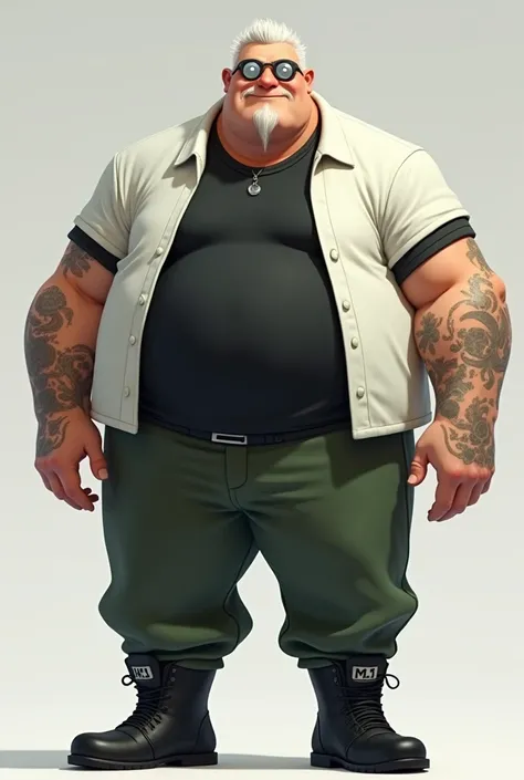 a large man with short white hair, grey, goggle-like cybernetic eyes wearing a black shirt, white jacket, dark green pants, and black shoes in disney style 