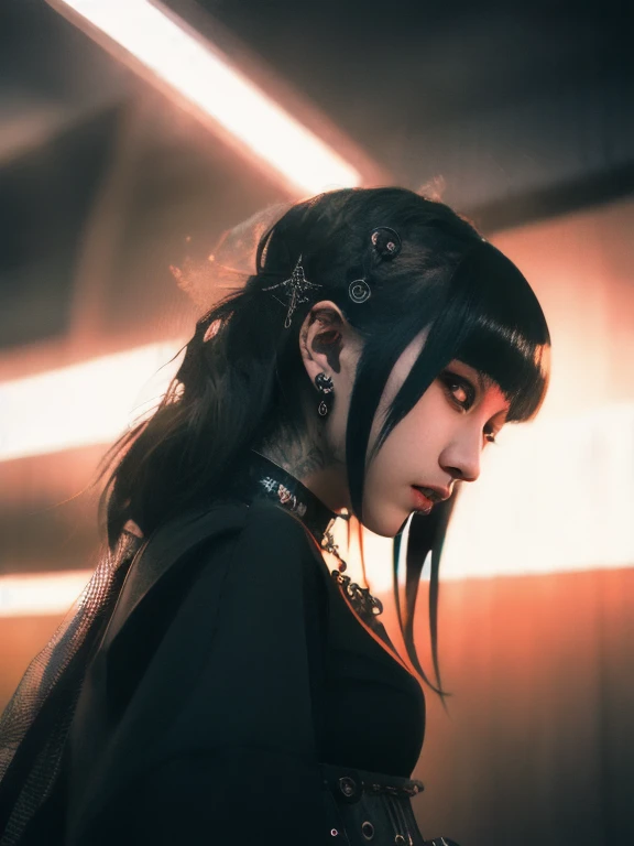  DIESEL PUNK ,  Atmospheric volumetric fog , masterpiece,  illustrations,  top quality , 8k,  high definition ,  wallpaper,  cinematic lighting ,  sharp concentration ,  complicated、 1 Japanese Woman、A woman with a beautiful face、Goth Makeup、 Big Breasts 、...