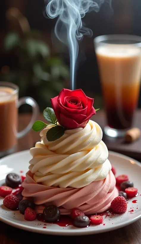  Is it possible to create a delicious ice cream effect with a waterfall of flowing  ，A waterfall of cigarette smoke and a delicious ice cream effect in the shape of a human ring finger，A beautiful red rose is placed on top of the ice cream， on an upscale d...