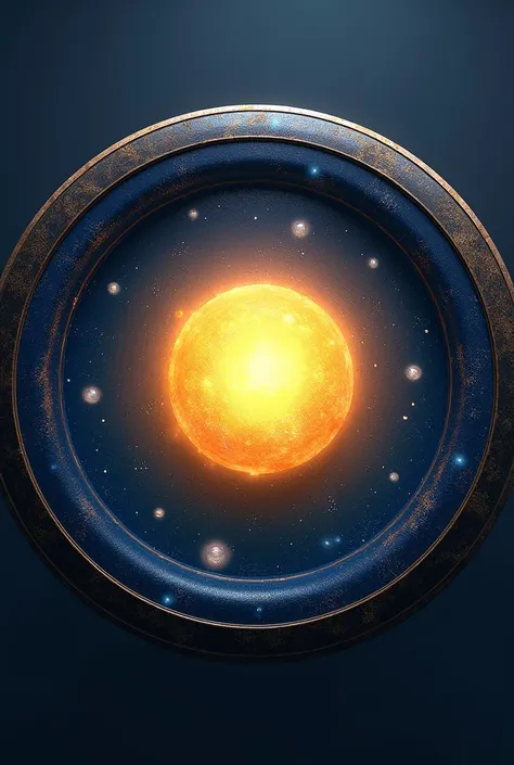 A circular shield with an auroral yellow sun in the center , surrounded by white stars and a night blue stripe on the top