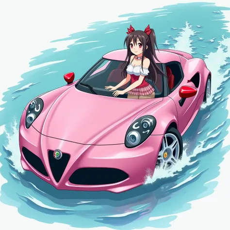 anime, alfa romeo 4c pink, water car, collared white, pink skirt, wearing black leggings, white shoes, smile, 