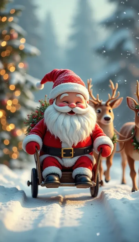 Cute little santa coming on his deer  cart   in sky snow fall Christmas decorations realistic image 