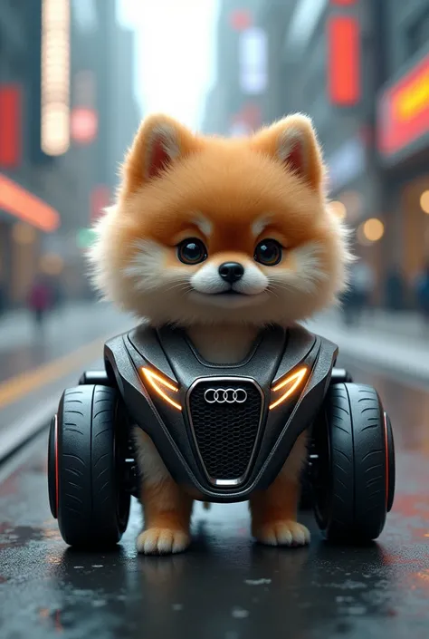 Combination of pomeranian dog and audi car