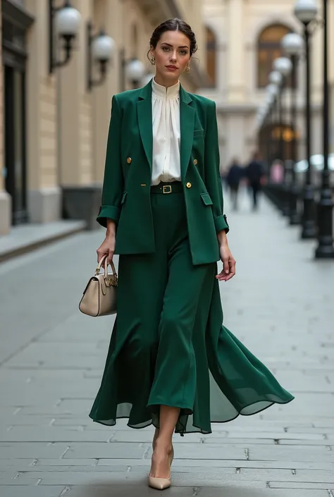 For May’s high-end elegant street fashion, the model wears a chic dark bottle green silk tight  blazer with a sleek, tailored silhouette, designed with a subtle sheen to catch the light. The blazer has a structured, double-breasted front with gold buttons ...