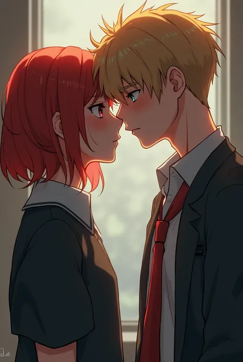 a teenage boy with medium red hair looking into the eyes of another taller boy with blond hair with goosebumps looking serious and wearing anime-style schoolgirl clothes