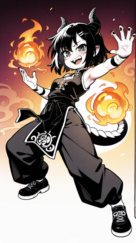   black nails  ，（  Dark black lines are clearly visible），（sunburned skin  ）、（ oily skin ）、（steam）， panoramic，full body shot，Little Dragon Girl，fitted sleeveless kung fu set， Combat Pose，Executing Small Fireball Magic，Execute Small Fireball Spell to attack ...