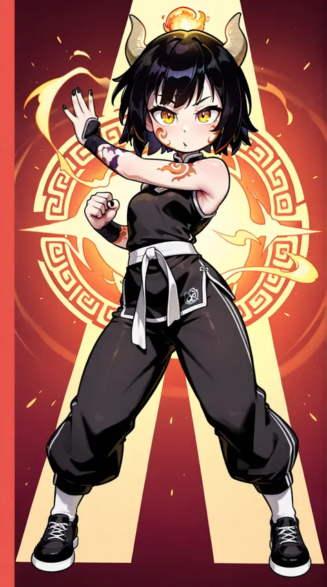   black nails  ，（  Dark black lines are clearly visible），（sunburned skin  ）、（ oily skin ）、（steam）， panoramic，full body shot，Little Dragon Girl，fitted sleeveless kung fu set， Combat Pose，Executing Small Fireball Magic，Execute Small Fireball Spell to attack ...