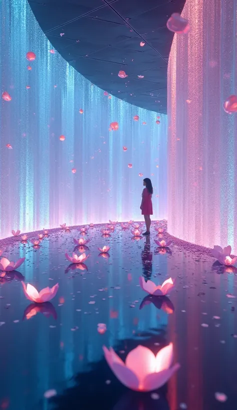 (masterpiece:1.2, top quality ,Mirror finish, cinematic experience, super detailed ),8k, wallpaper,(Glass floor room:2.0),(There are countless iridescent glowing petals floating in the air:2.0),(Beautiful attraction room:2.0), movie lighting、 panorama