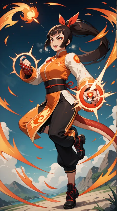   black nails  ，（  Dark black lines are clearly visible），（sunburned skin  ）、（ oily skin ）、（steam）， panoramic，full body shot，Little Dragon Girl，fitted sleeveless kung fu set， Combat Pose，Executing Small Fireball Magic，Execute Small Fireball Spell to attack ...