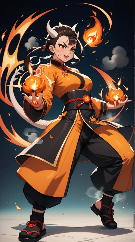   black nails  ，（  Dark black lines are clearly visible），（sunburned skin  ）、（ oily skin ）、（steam）， panoramic，full body shot，Little Dragon Girl，fitted sleeveless kung fu set， Combat Pose，Executing Small Fireball Magic，Execute Small Fireball Spell to attack ...