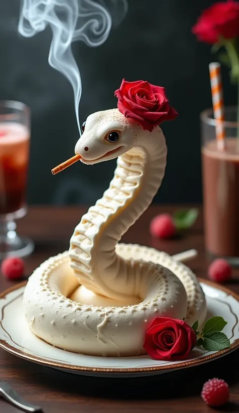  Is it possible to create a delicious ice cream effect with a waterfall of flowing  ，A waterfall of cigarette smoke and a delicious ice cream effect in the shape of a snake，A beautiful red rose is placed on top of the ice cream， on an upscale dinner plate ...