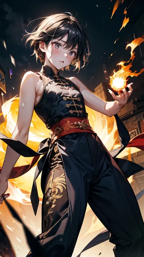   black nails  ，（  Dark black lines are clearly visible），（sunburned skin  ）、（ oily skin ）、（steam）， panoramic，full body shot，Little Dragon Girl，fitted sleeveless kung fu set， Combat Pose，Executing Small Fireball Magic，Execute Small Fireball Spell to attack ...