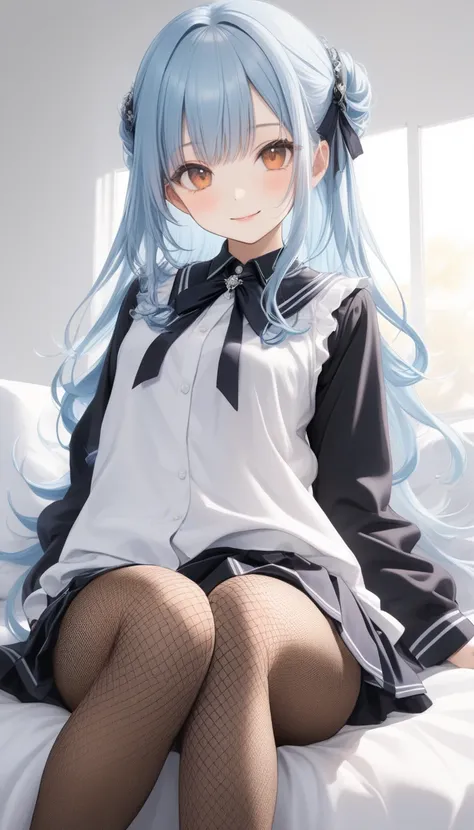   ONE CUTE -OLD GIRL ,Young Face、 slim figure、Thin legs、7.5 heads、((Beautiful light blue hair ))、( light orange inner color hair)、(( A neat and serious hairstyle with the tips of the hair neatly aligned))、(Gothic school uniforms stand out for their very th...