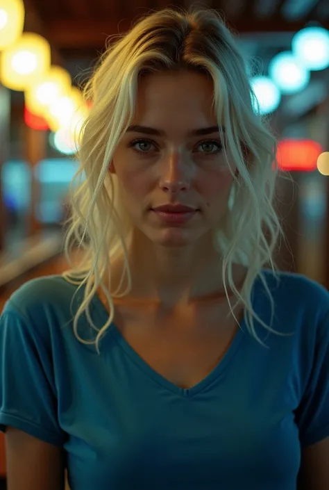 cafeteria  ,      real analog photo  , many details,       white blonde woman     ,  36 years old   ,   blue t-shirt,      wet hair,       realistic photo    ,  night , low light , many details,    discreet smile   , Nikkom 85mm   